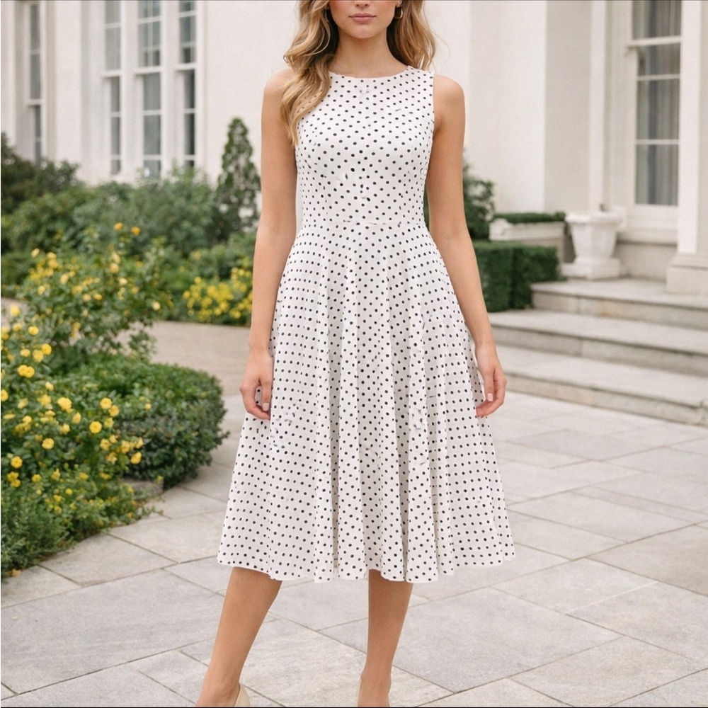 Hobbs Della Polka Dot Midi Dress Ivory Black Sleeveless Fit & Flare 36273